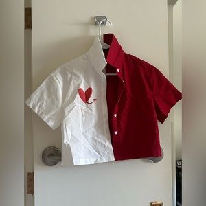 Half red & white Button Up T-Shirt